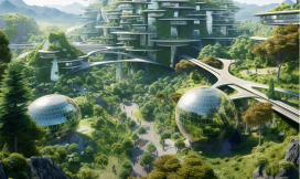 Futuristisch gebouw met veel groen en spiegelende bollen op de voorgrond, verbonden met wegen